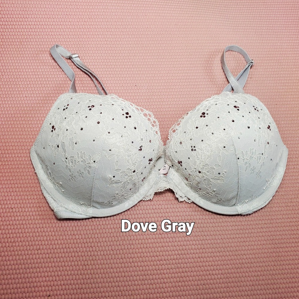 Victoria's Secret Dream‎ Angels Push-Up Bra 32D Dove Gray Lace Rhinestone Bridal